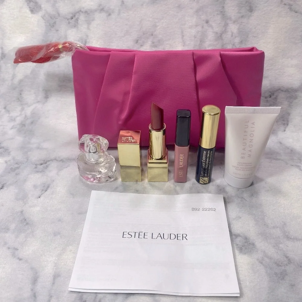 Estee Lauder Beauty Set-Pink Pouch,Lipstick,Lip Gloss,Mascara & Lotion-6pc-NEW